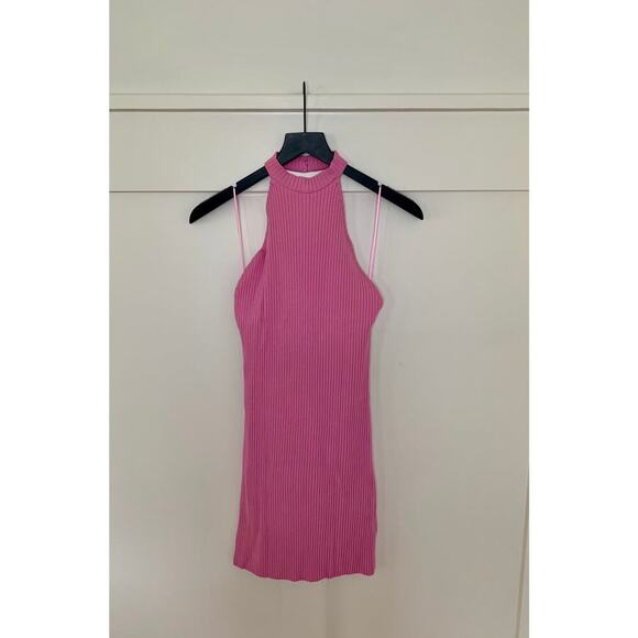 Zara Ribbed Halter Dress in Pink Large Mini Backless Knit Sleeveless Party - Picture 1 of 3